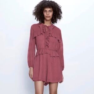 Zara Women’s Dusty Rose Ruffled Long Sleeve Shorts Romper Size XS